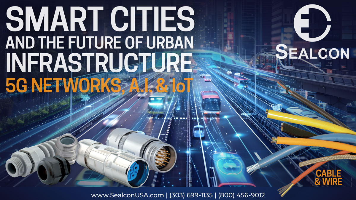 Smart Cities and the Future of Urban Infrastructure Needs Sealcon Connectivity city traffice with calbe glands and circular connectors and cable and wire tree